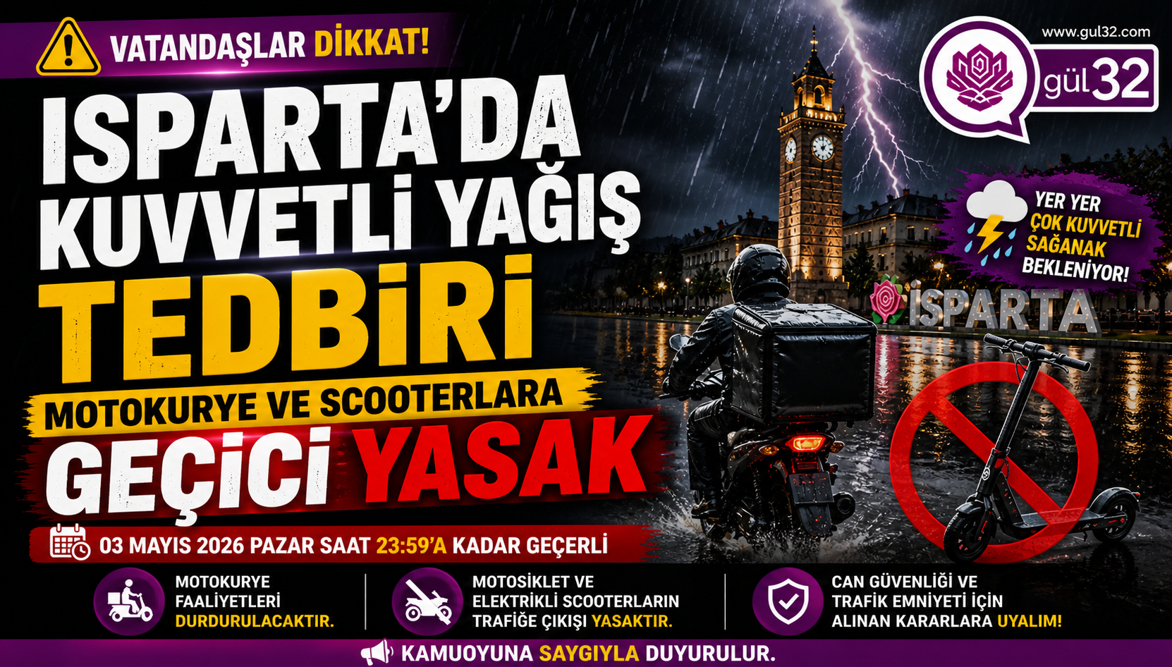 Meteoroloji Genel Müdürlüğü’nden alınan veriler doğrultusunda, Isparta genelinde etkisini sürdürecek